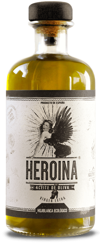 Botella de aceite de oliva virgen extra Heroína, diseño gráfico y branding realizado por Garaje Gráfico